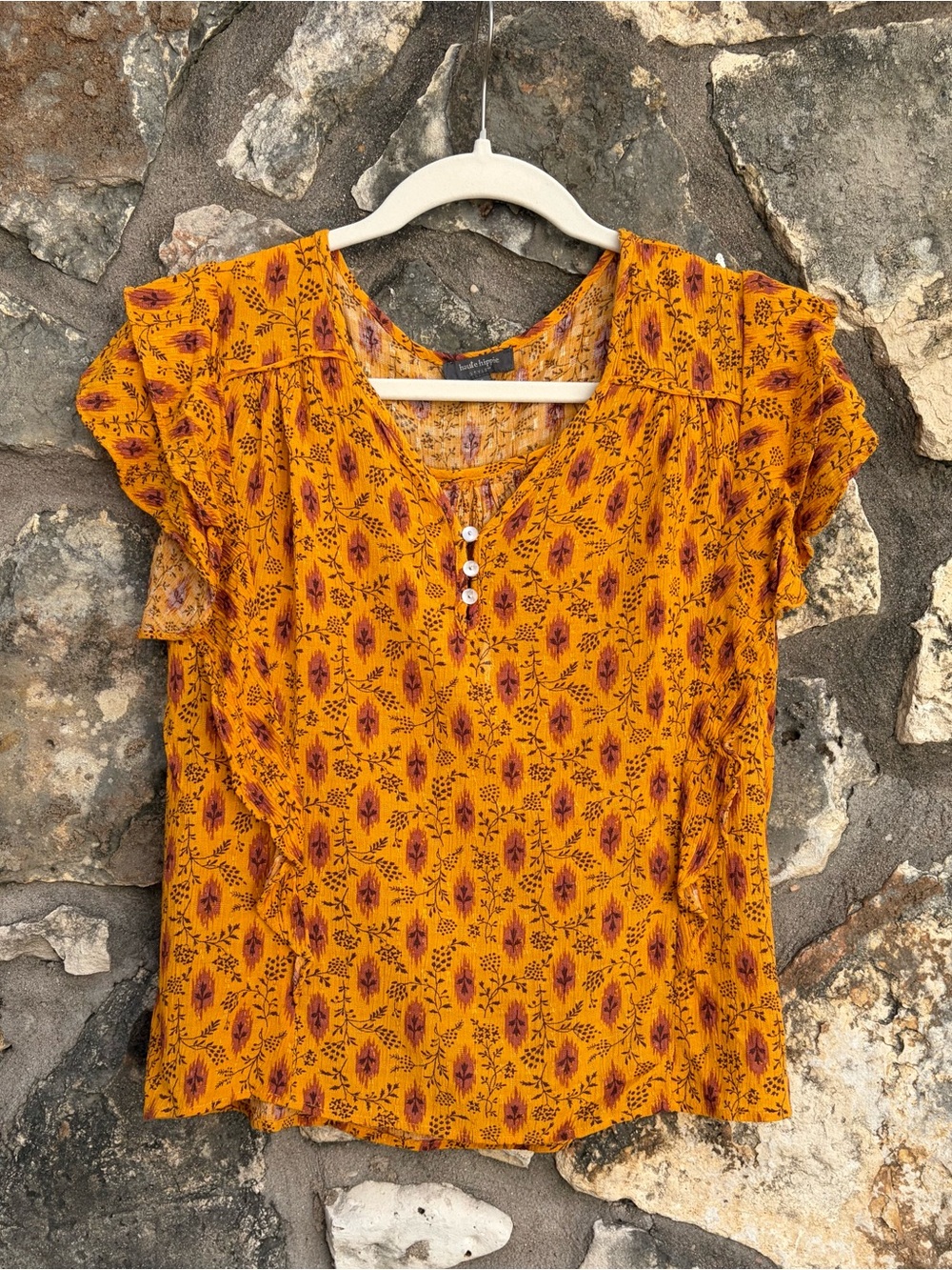 HAUTE HIPPIE Boho Botanical Print Ruffle Sleeve Sunny Top Blouse sz SMALL - Picture 1 of 4